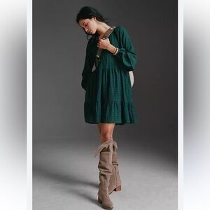 Anthropologie Mare Mare Ann Forest Green Tiered Textured Dress- size X- Small